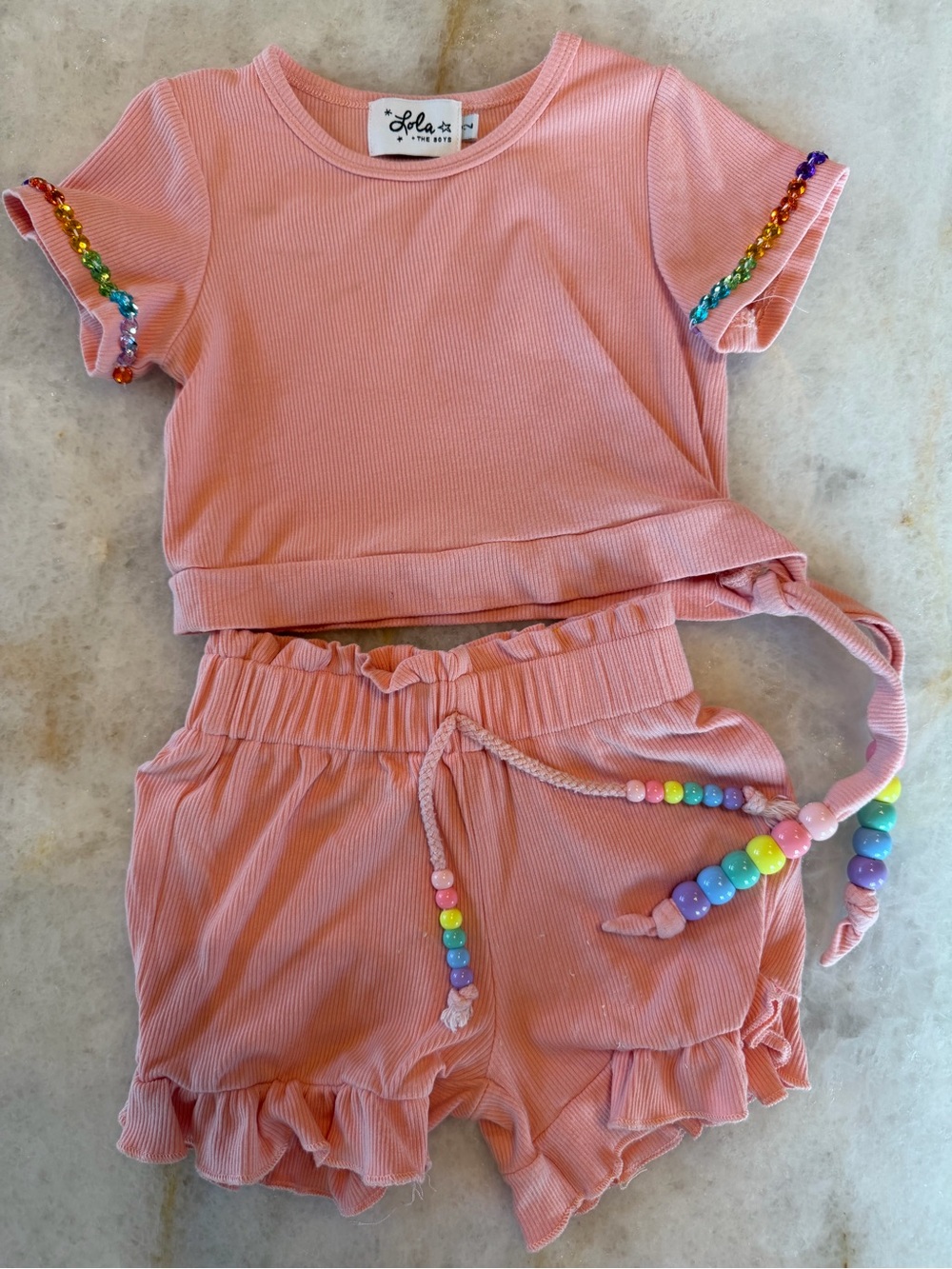 Lola + The Boys Coral Pink Ribbed Two-Piece Set with Rainbow Bead Accents Sz 2